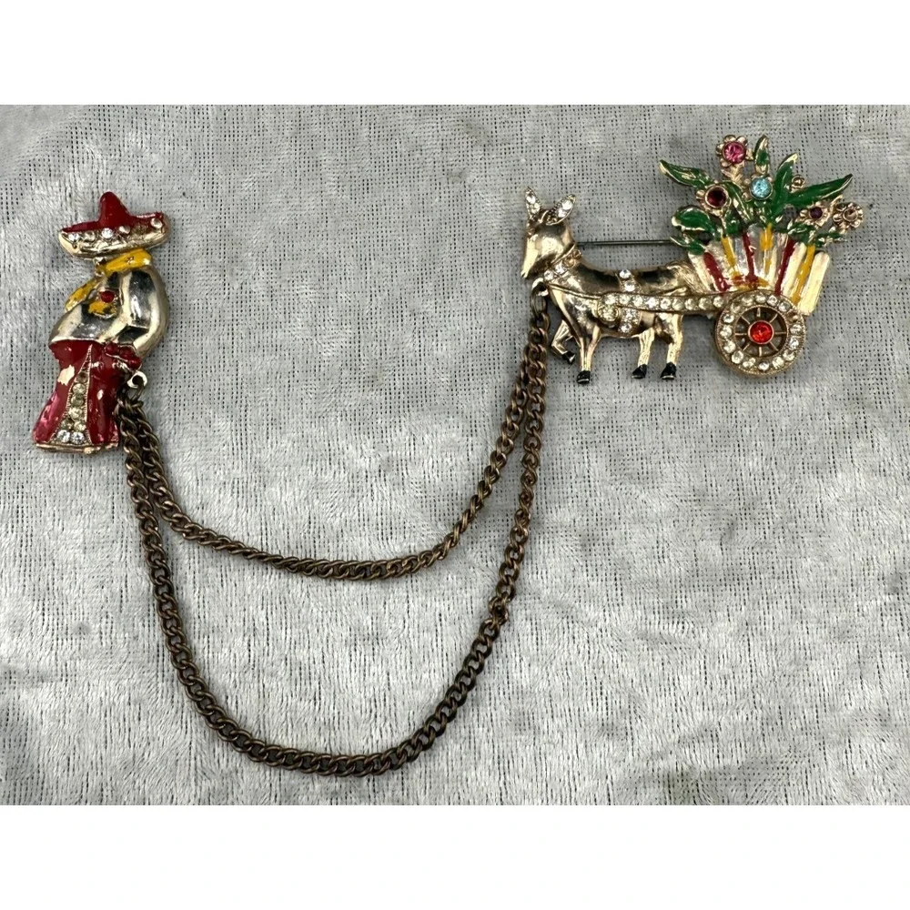 Vintage Chatelaine Style Brooch Figural Enamel Mexican Flower Gold Tone READ‎